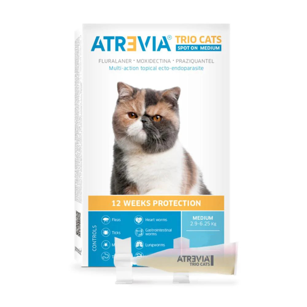 Atrevia Trio Cats Medium (2,9 a 6,25 Kg) x 1 Pipeta - Antipulgas y Antiparasitario para Gatos